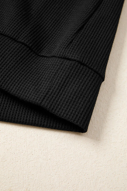 Black Waffle Knit Denim Color Block Patchwork Button Flap Polo Top - Tops