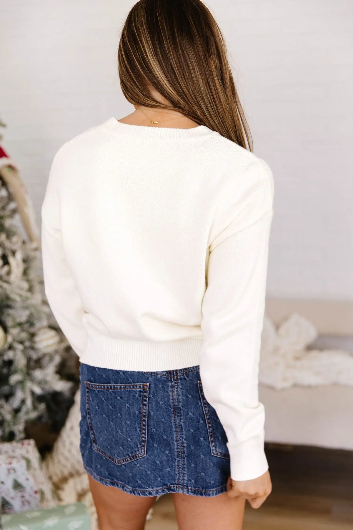 Beige Pixel Snowflake Reindeer Christmas Round Neck Casual Sweater