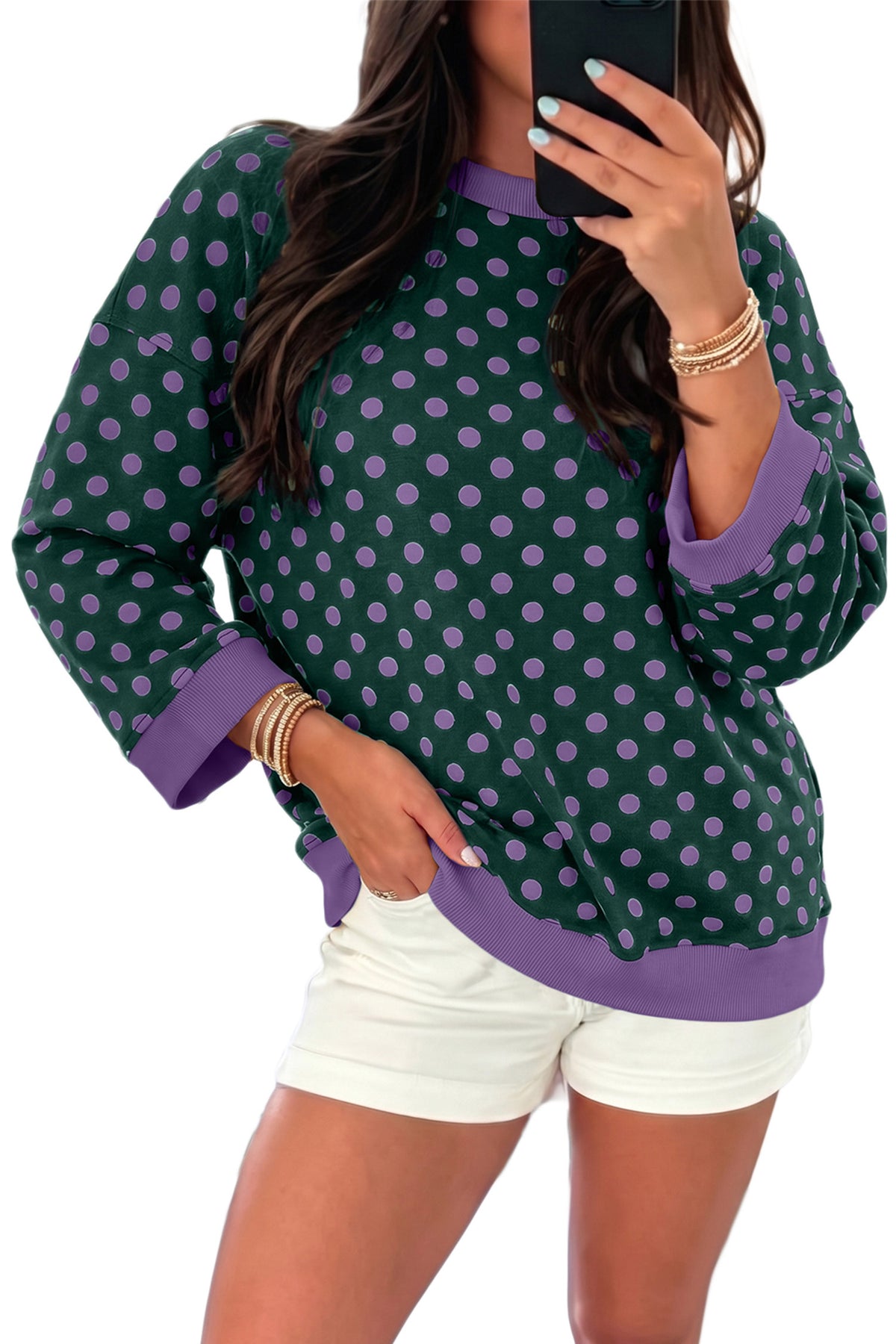 Polka Dot Print Contrast Trim Round Neck Bracelet Sleeve Top