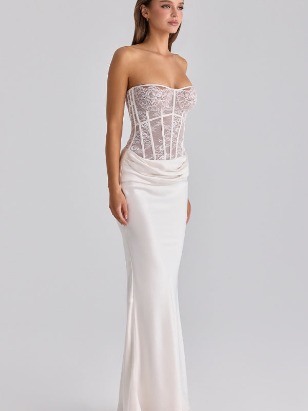 Strapless Lace Corset Maxi Dress in Ivory model front view · nz-alt-v1