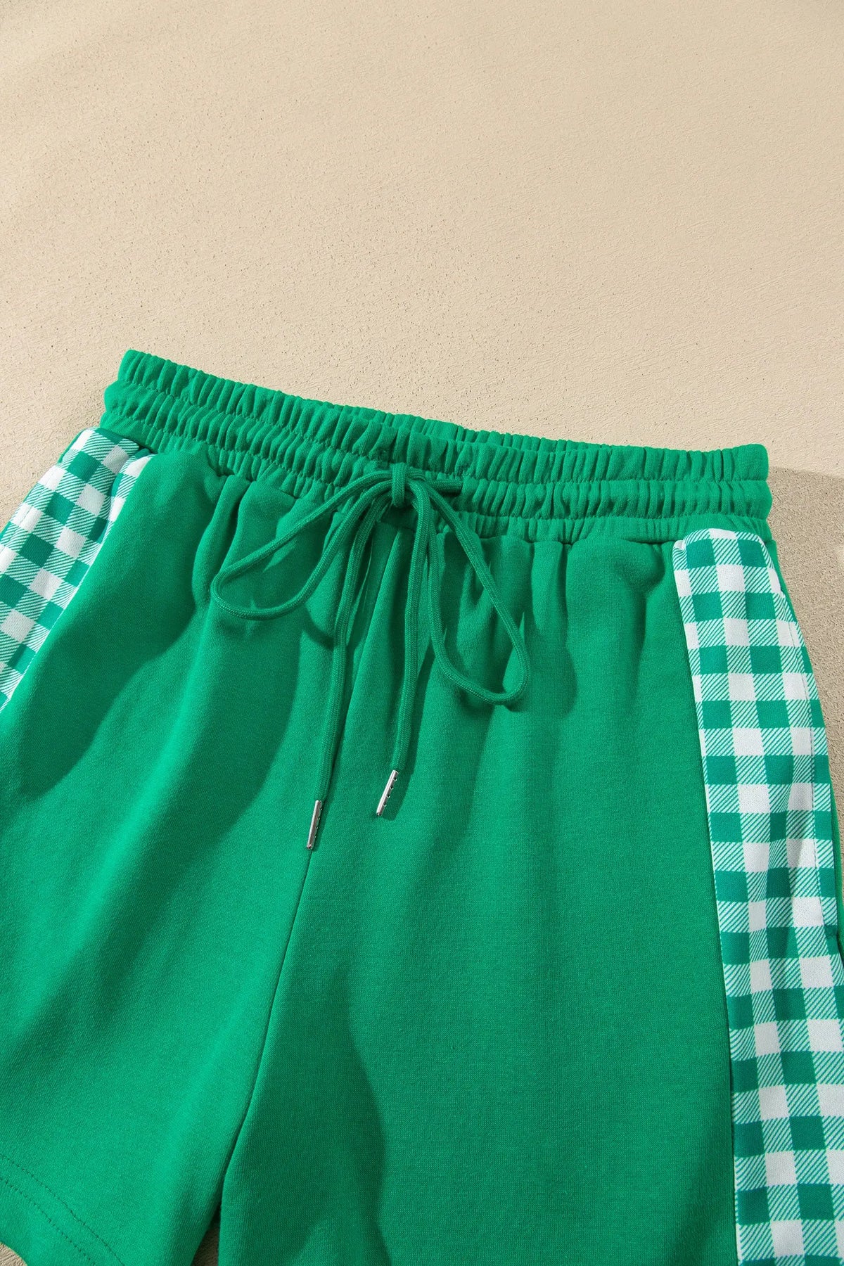 Bright Green Plaid Patchwork Half Zip Pullover Drawstring Short Set