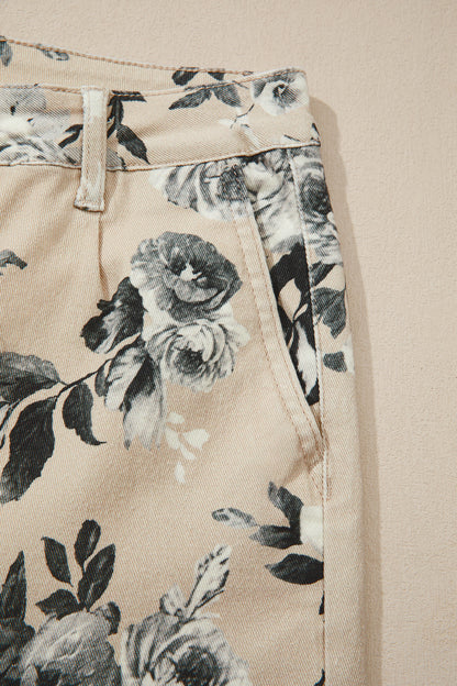 Beige Retro Floral Print Turn-up Cuffed Hem Loose Jeans