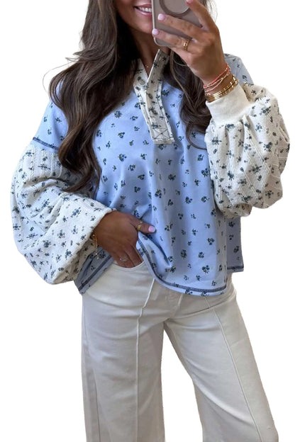 Sky Blue Floral Print Contrast Long Sleeve Tops
