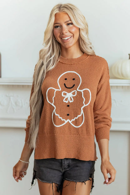 Brown Oversized Drop Shoulder Round Neck Christmas Sweater