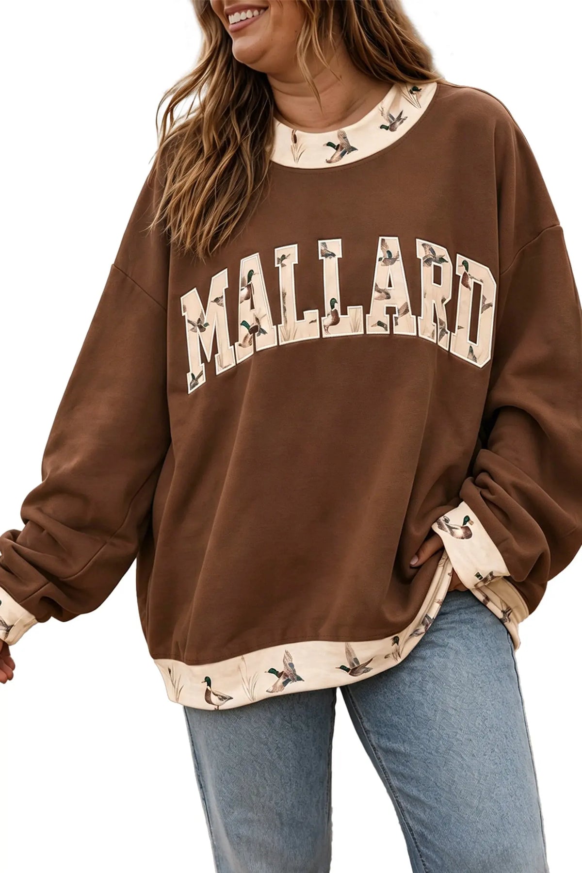 Coffee Plus Size Embroidered Trim Mallard Patch Contrast Trim Crewneck Sweatshirt