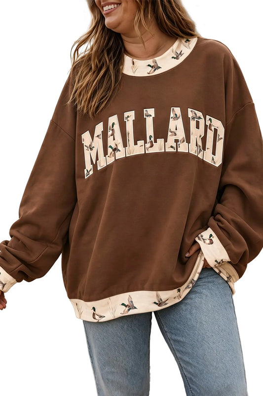 Coffee Plus Size Embroidered Trim Mallard Patch Contrast Trim Crewneck Sweatshirt model front view · nz-alt-v1