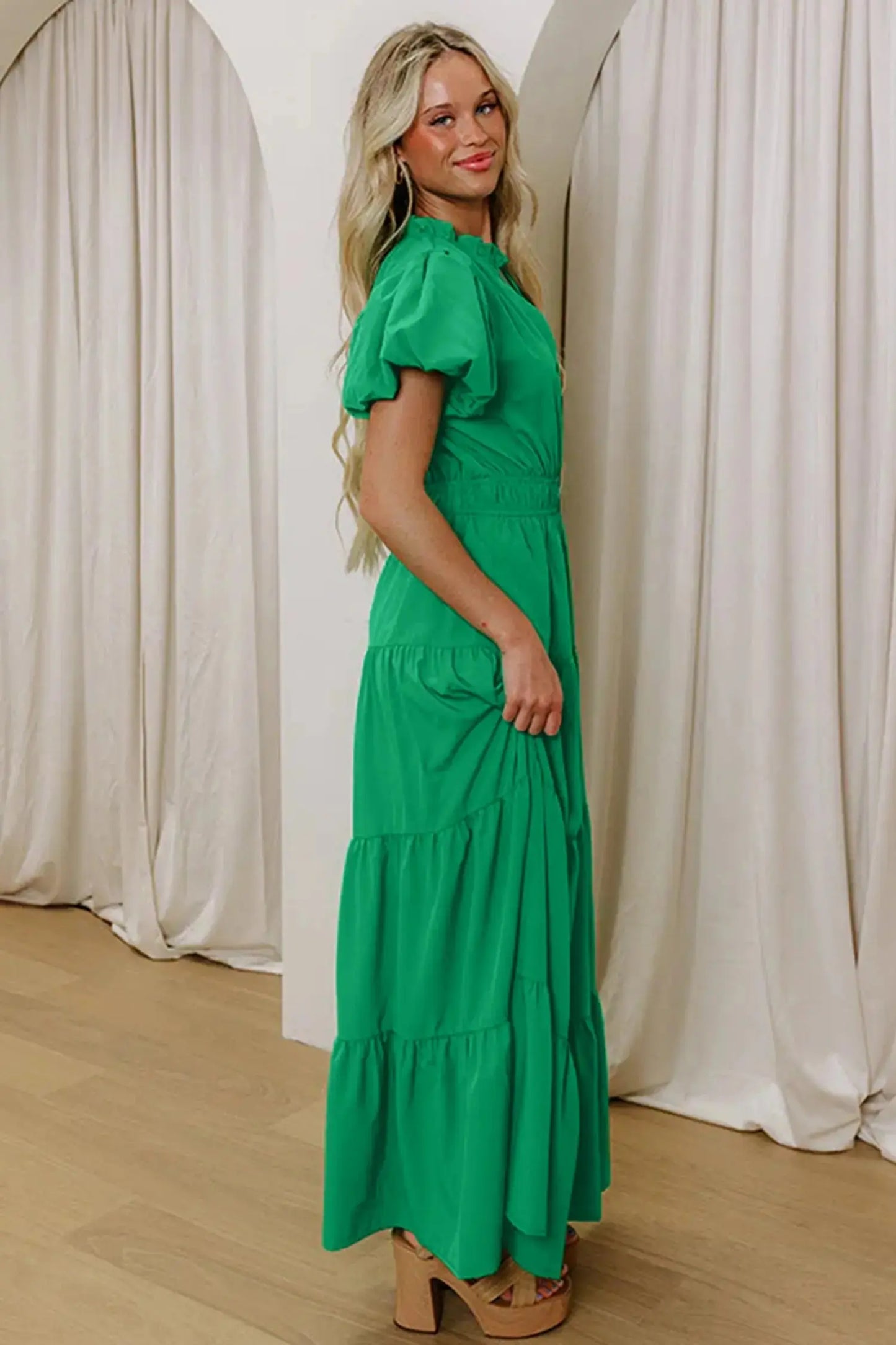 Bright Green Solid Color V Neck Short Puff Sleeve High Waist Tiered Maxi Dress - Casual Dresses