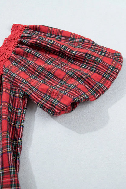 Red Plaid Square Collar Lace Trim Short Sleeve Shift Mini Dress
