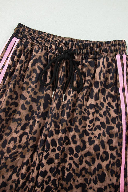 Brown Leopard Print Contrast Striped Detail Long Sleeve Top Pant Set