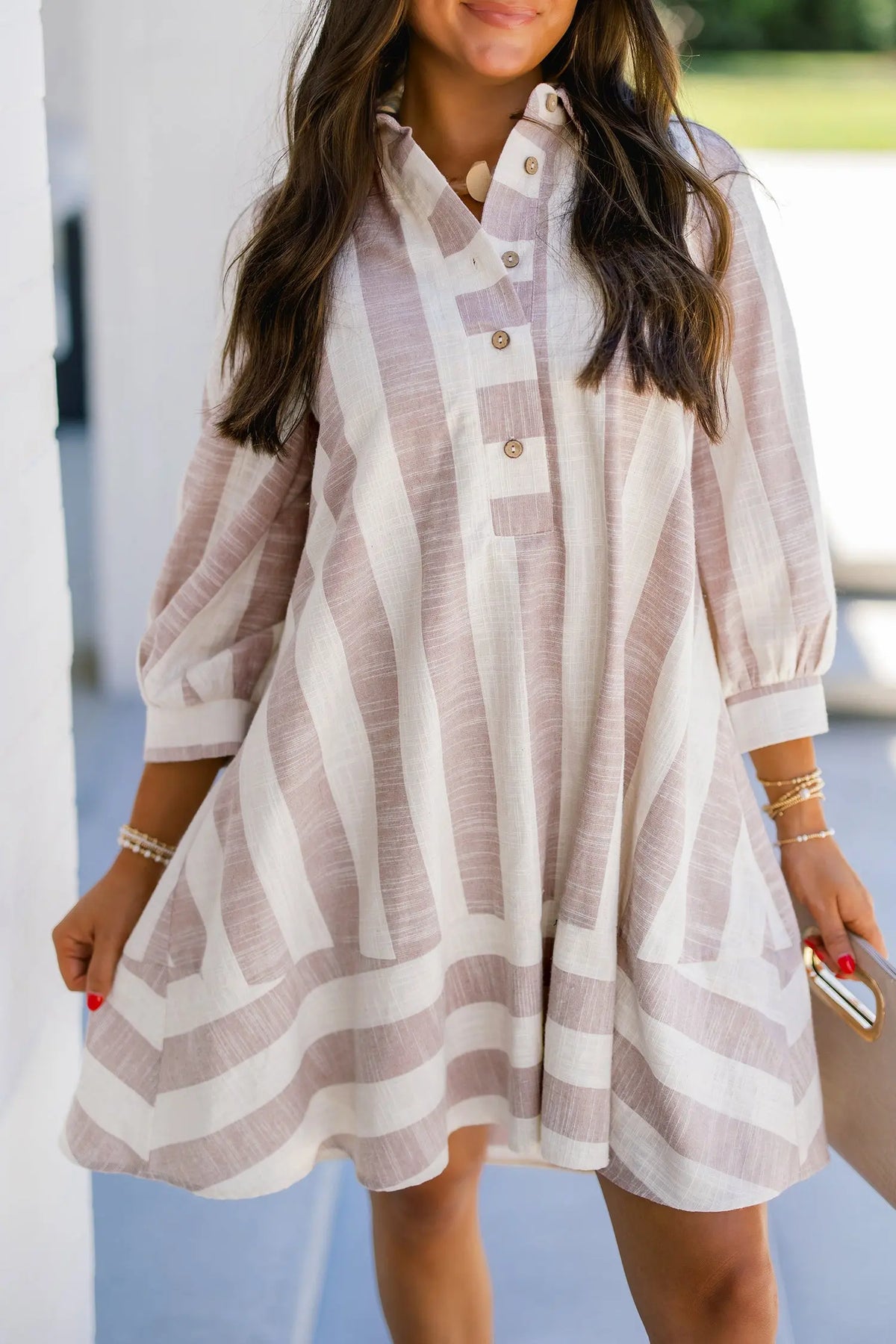 Khaki Stripe Button-Up Three-Quarter Sleeve Shift Dress model front view · nz-alt-v1