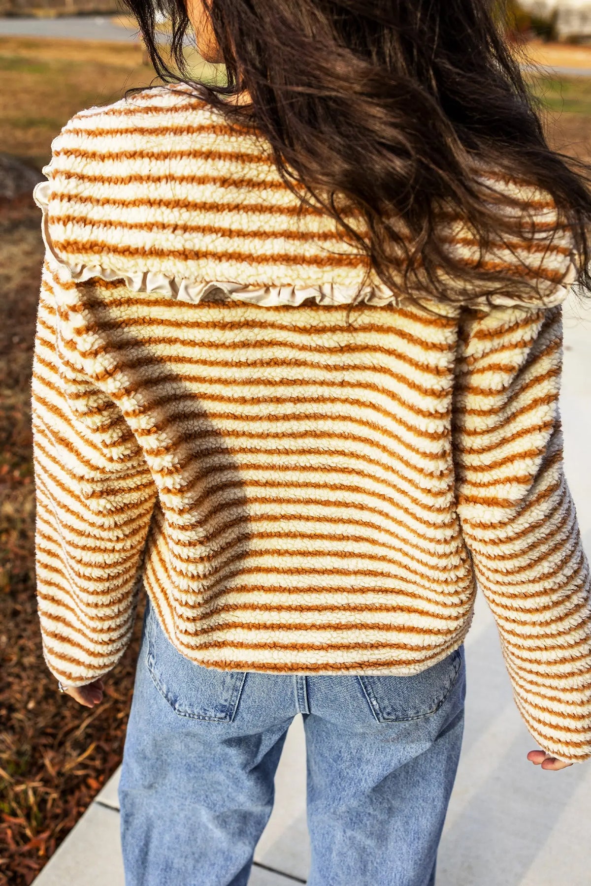 Brown Stripe Striped Fleece Button Front Long Sleeve Regular Fit Jacket