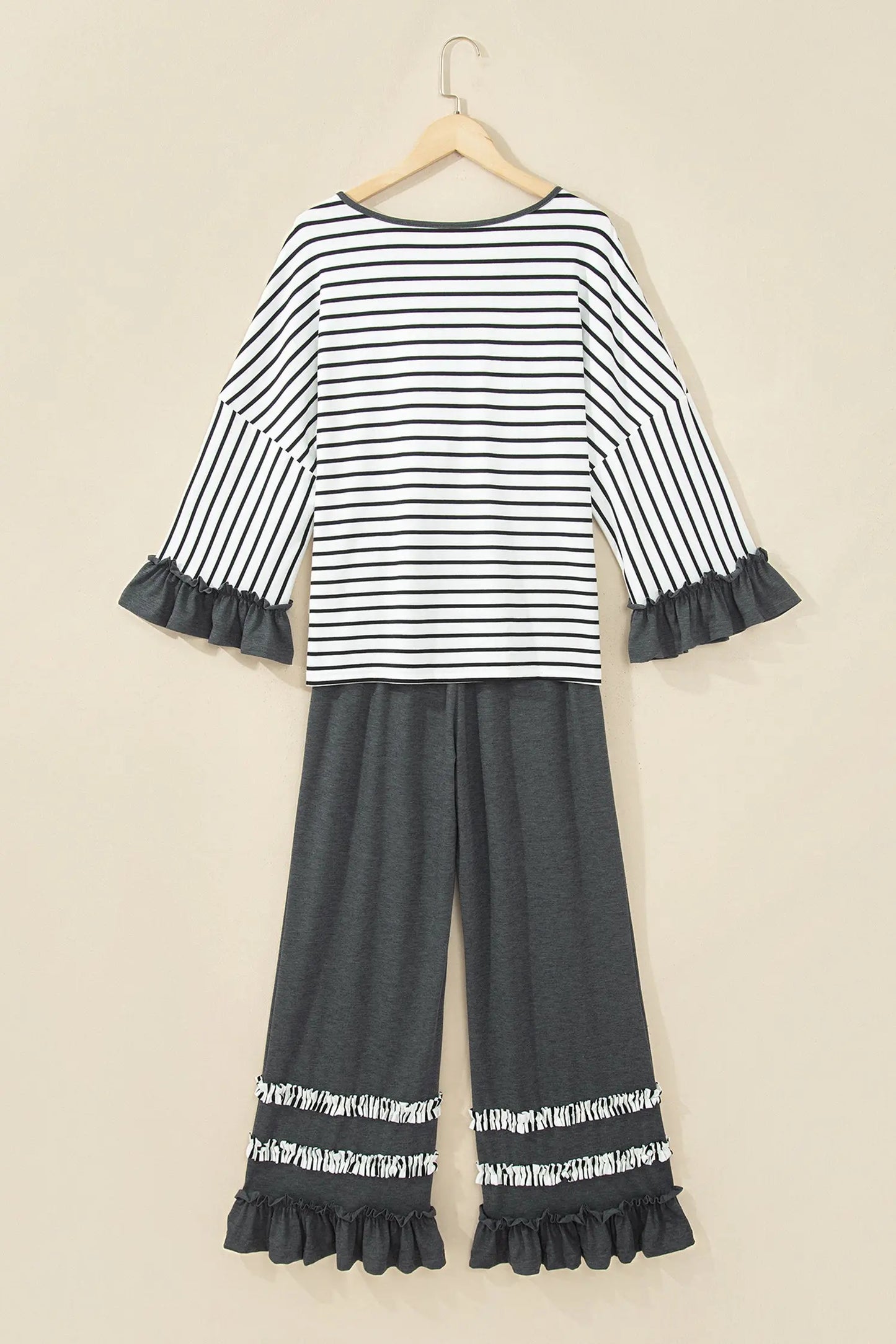 Gray Stripe V Neck Ruffle Contrast Sleeve Top Drawstring Pants 2pcs Set