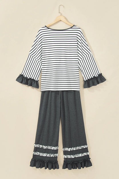 Gray Stripe V Neck Ruffle Contrast Sleeve Top Drawstring Pants 2pcs Set