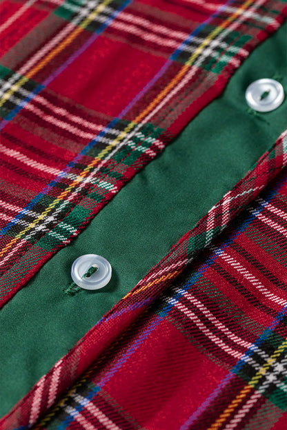 Red Plaid Ruffle Cuff Button Front Pocket Mini Dress