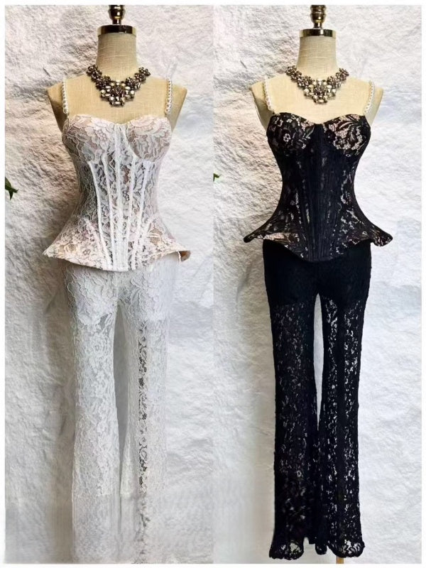 Floral Lace Peplum Bustier Top and Flared Trouser Set mannequin view · nz-alt-v1
