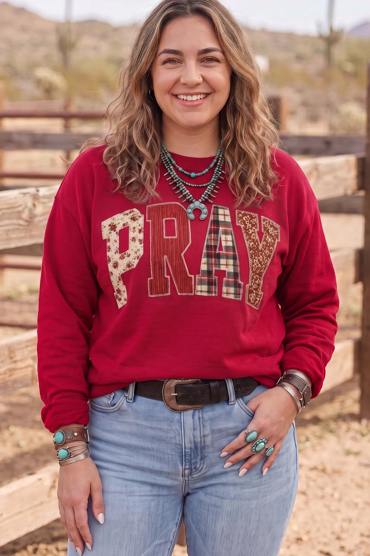 PRAY letter patchwork round neck plus size sweatshirt fiery red model front view · nz-alt-v1