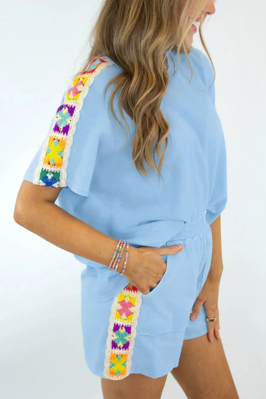 Mist Blue Granny Square Crochet Detail Short 2pcs Set Nataliz
