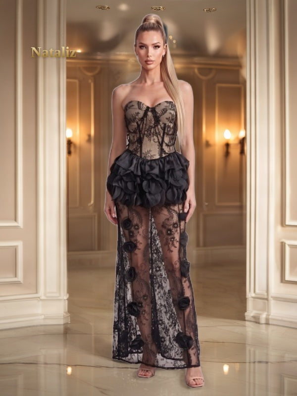 Strapless Lace Corset Maxi Dress with Rosette Detail model front view