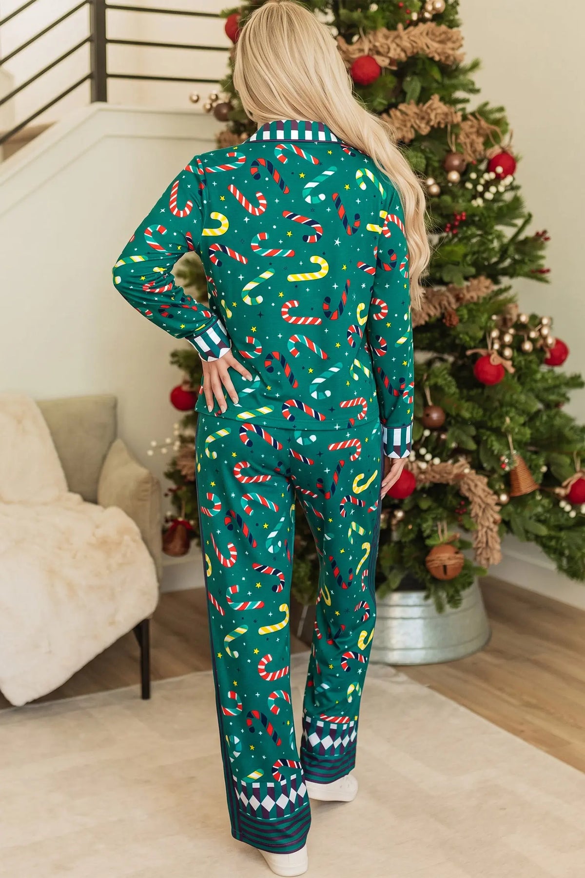 Green Abstract Candy Cane Print Long Sleeve Two Piece Lounge Set