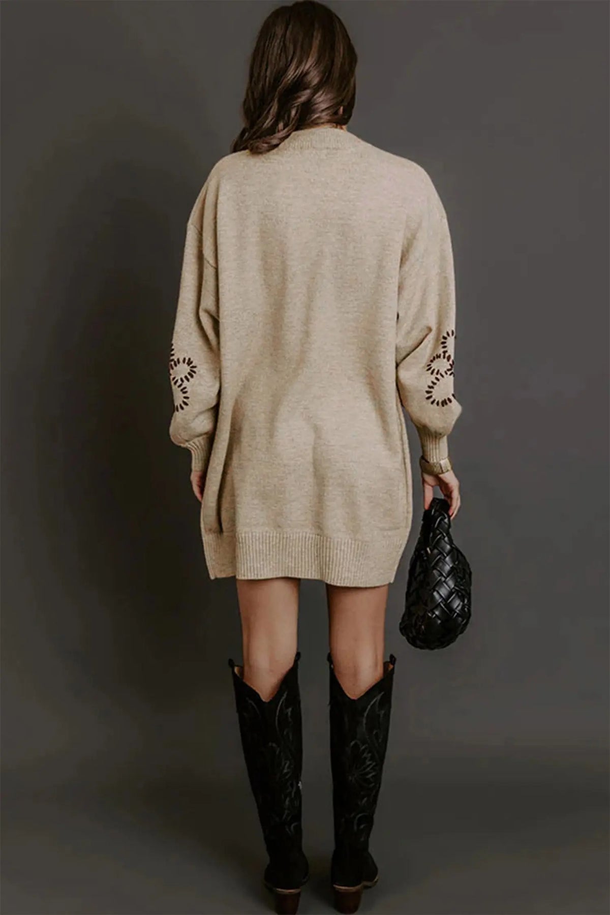 Parchment floral pattern round neck puff sleeve shift sweater dress model back view · nz-alt-v1