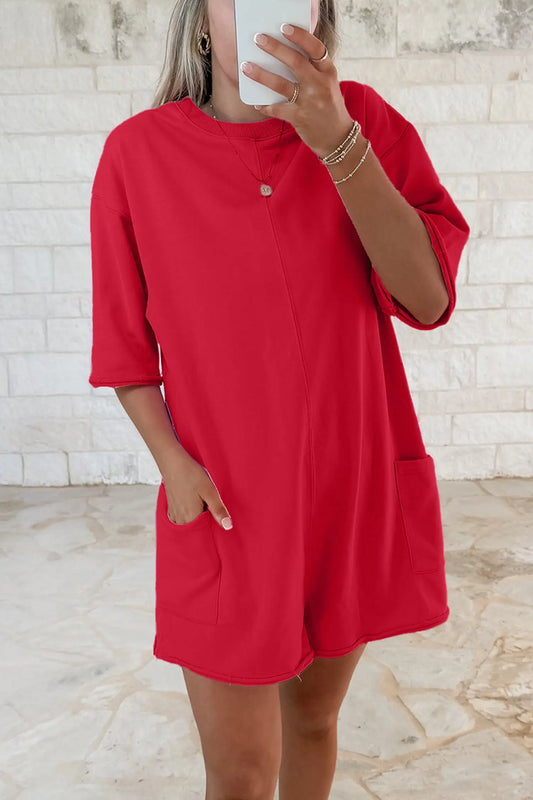 Fiery Red Solid Color Raw Edge Half Sleeve Pocketed Loose Romper Nataliz