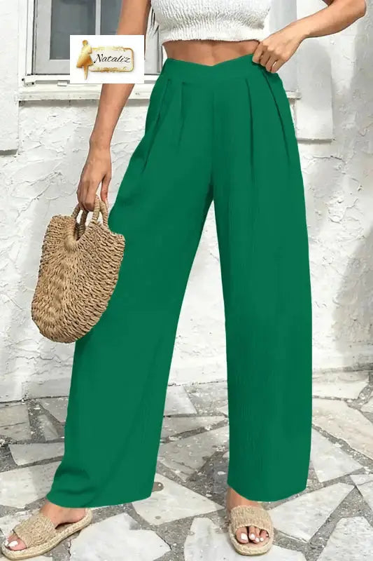 Evergreen Solid Color Textured Crossed Waist Loose Pants Nataliz