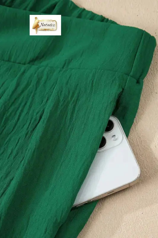 Evergreen Solid Color Textured Crossed Waist Loose Pants Nataliz