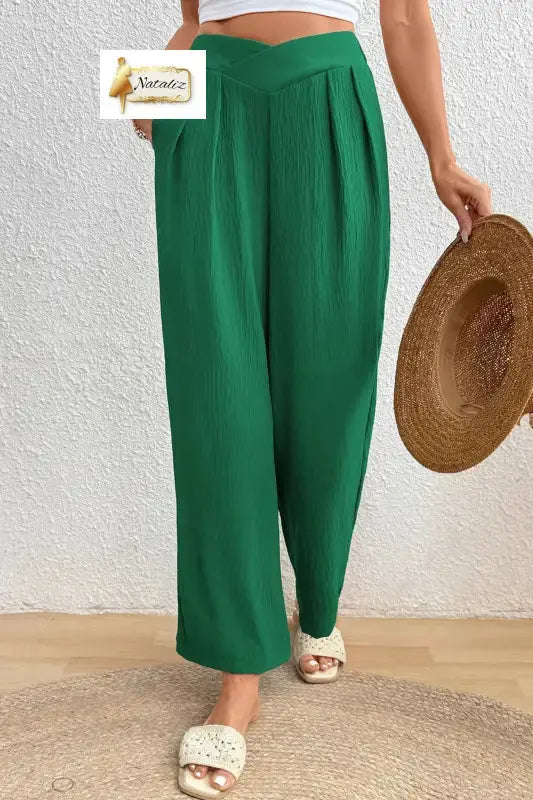 Evergreen Solid Color Textured Crossed Waist Loose Pants Nataliz