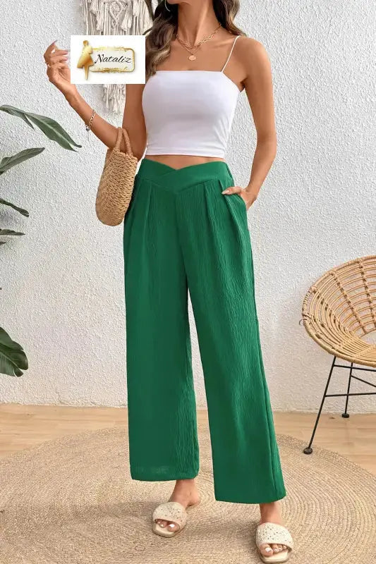 Evergreen Solid Color Textured Crossed Waist Loose Pants Nataliz