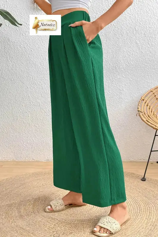 Evergreen Solid Color Textured Crossed Waist Loose Pants Nataliz