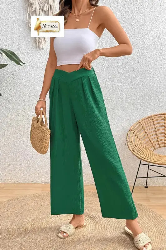 Evergreen Solid Color Textured Crossed Waist Loose Pants Nataliz