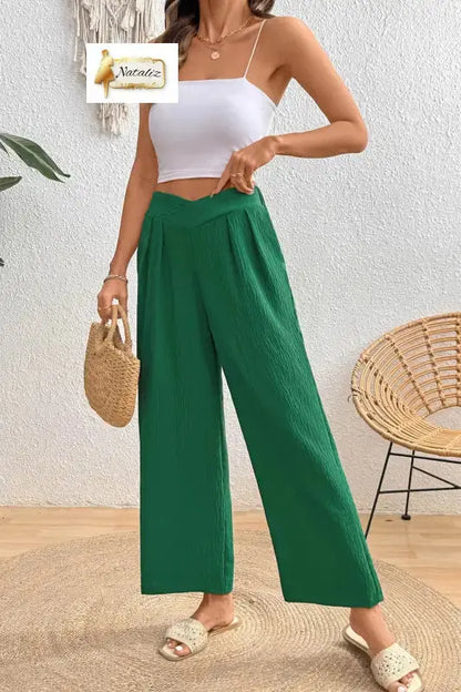 Evergreen Solid Color Textured Crossed Waist Loose Pants Nataliz