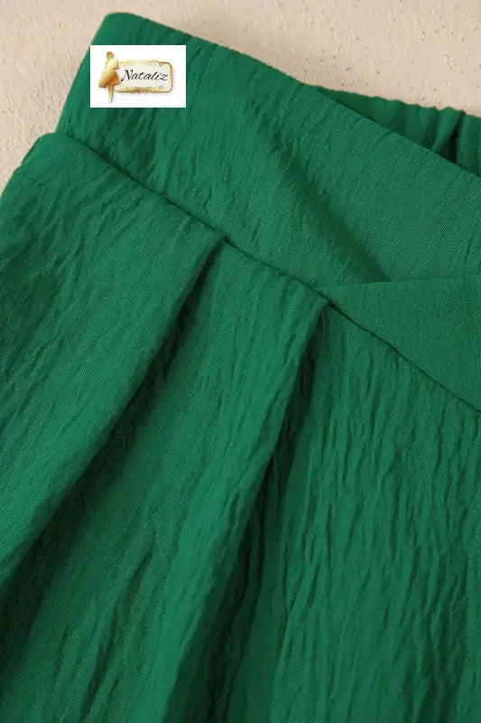Evergreen Solid Color Textured Crossed Waist Loose Pants Nataliz