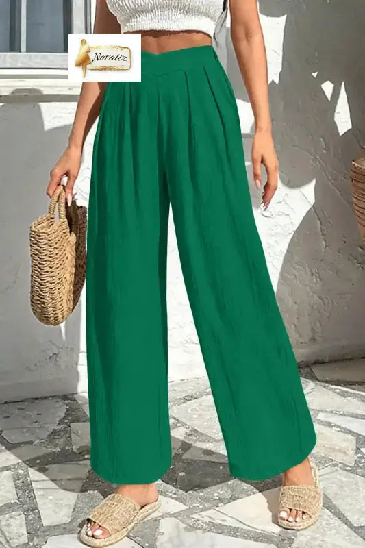 Evergreen Solid Color Textured Crossed Waist Loose Pants Nataliz