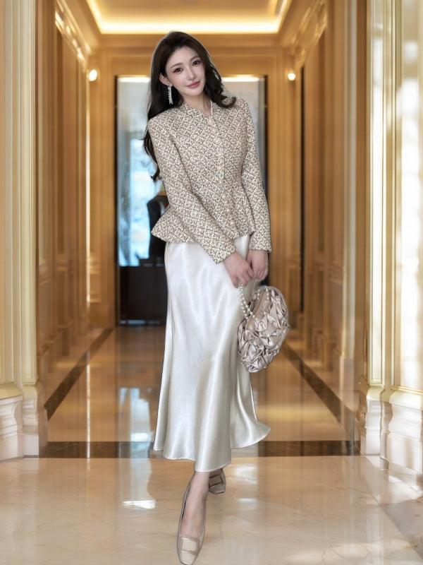 Tweed Peplum Jacket & Satin Maxi Skirt Set model front view · nz-bg-v1