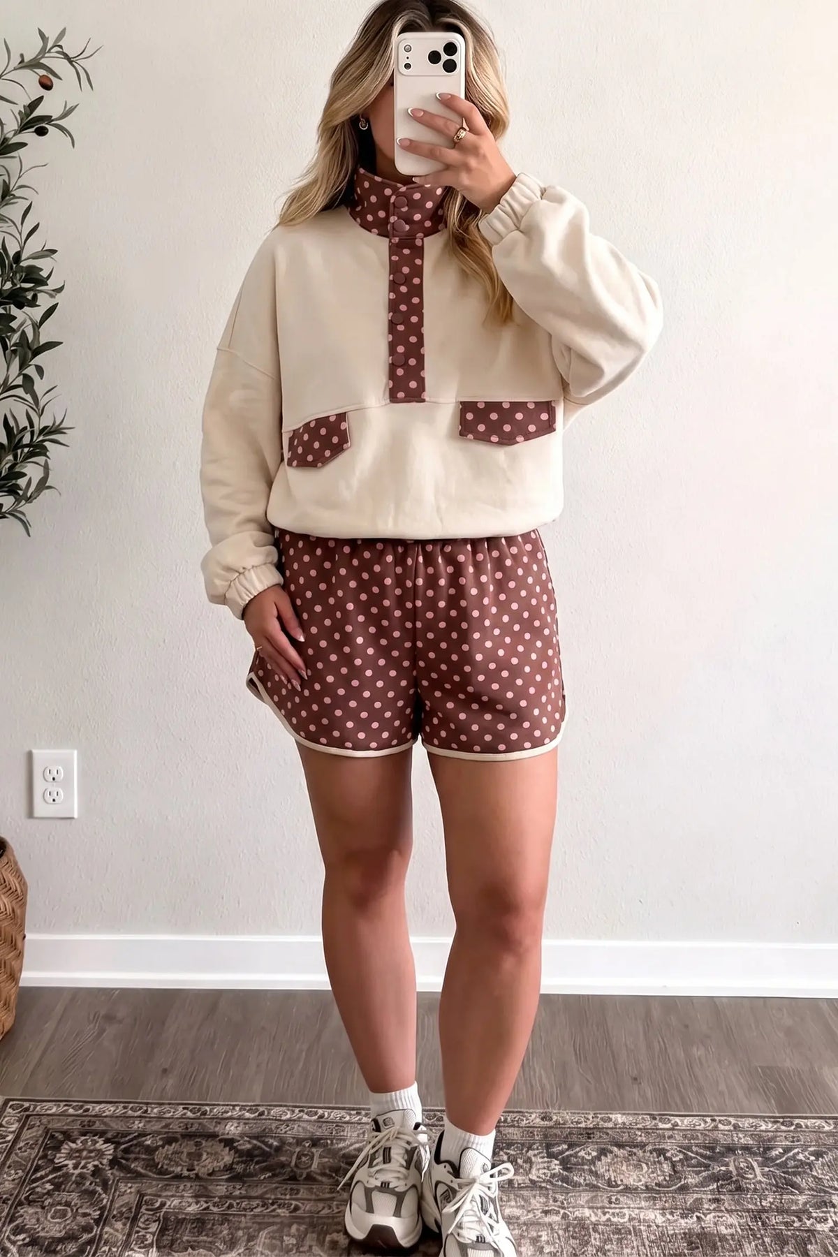 Brown polka dot pullover and shorts 2pcs set model front view · nz-alt-v1