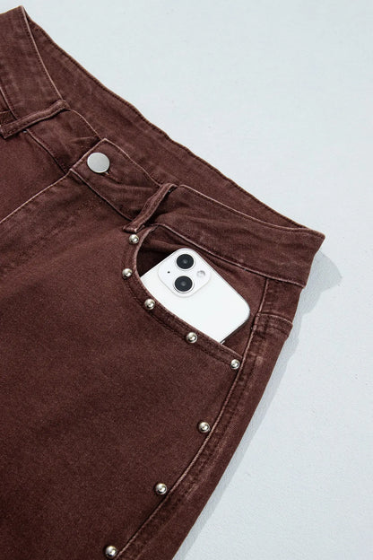 Coffee Side Seam Rivet Detail Ankle Length Casual Jeans