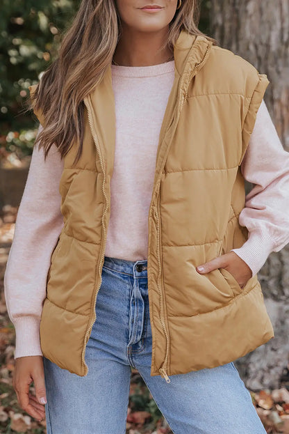 Khaki Oversized Stand Collar Zip Winter Vest