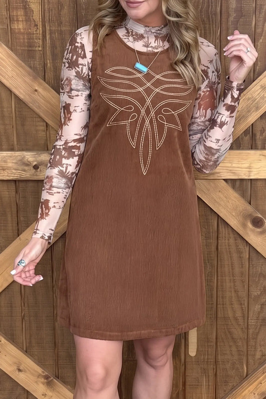 Coffee geometric embroidery sleeveless corduroy shift dress model front view · nz-alt-v1