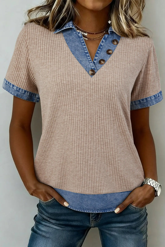 Beige Ribbed Knit Denim Color Block Patchwork Button Detail Collared Blouse Nataliz