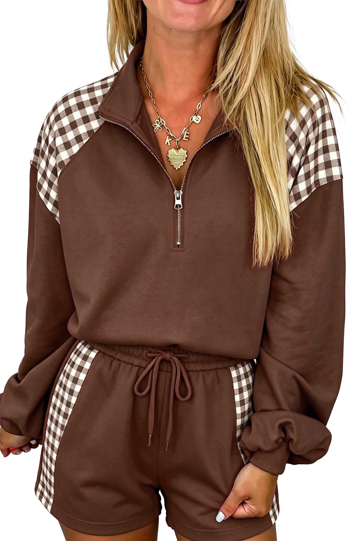 Plaid Patchwork Half Zip Pullover Drawstring Short Set