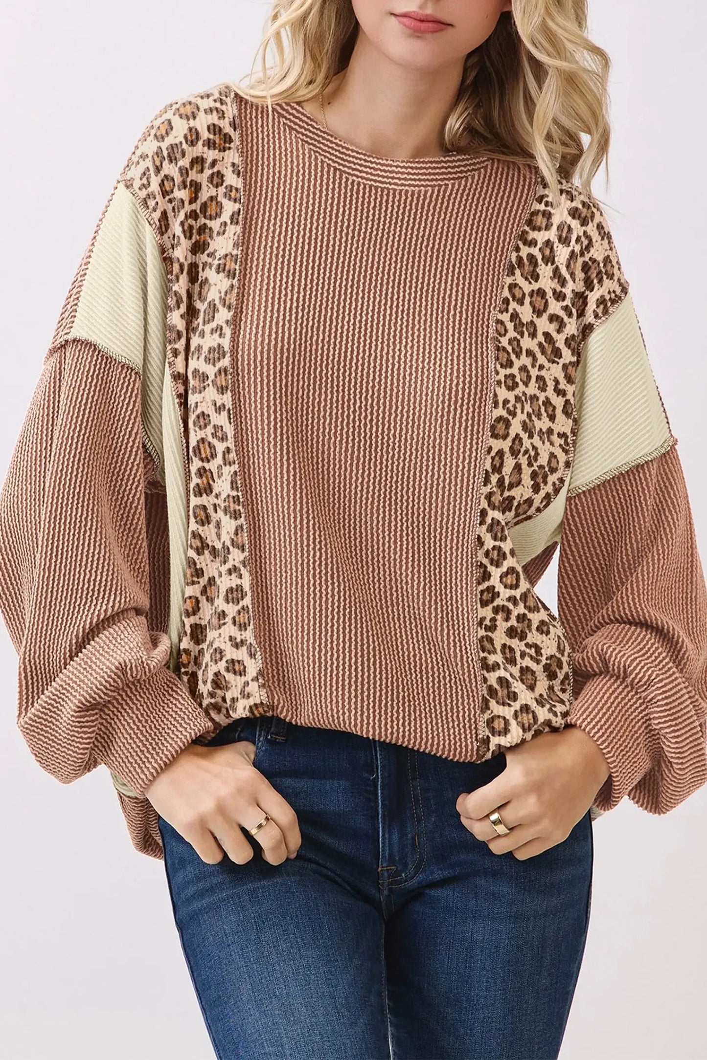 DUNE Leopard Print Colorblock Ribbed Knit Top