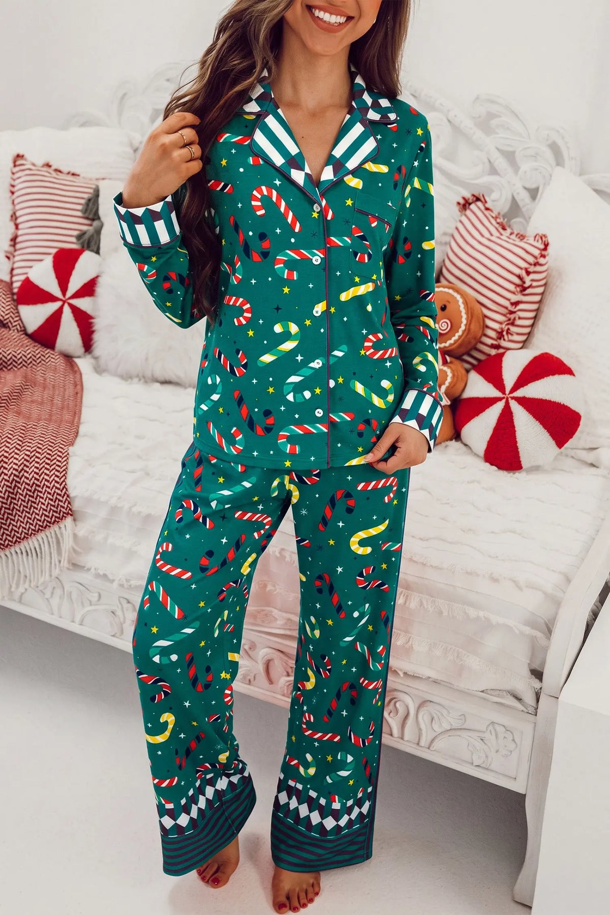 Green Abstract Candy Cane Print Long Sleeve Two Piece Lounge Set