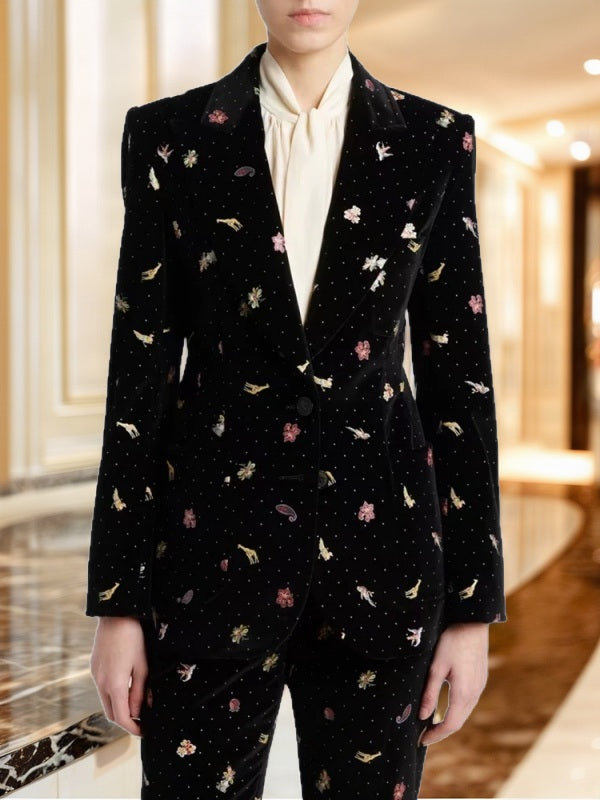 Embroidered Motif Velvet Blazer and Flared Trouser Set model front view · nz-bg-v1