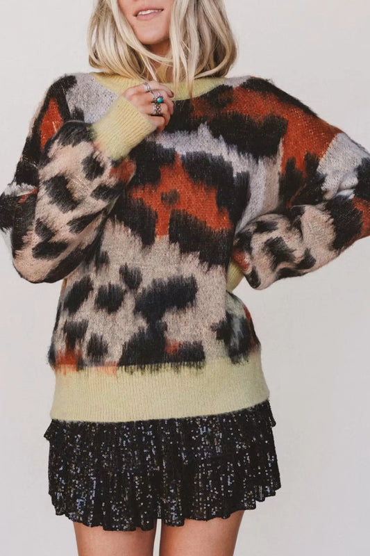 Khaki Leopard Print Drop Shoulder Long Sleeve Round Neck Sweater