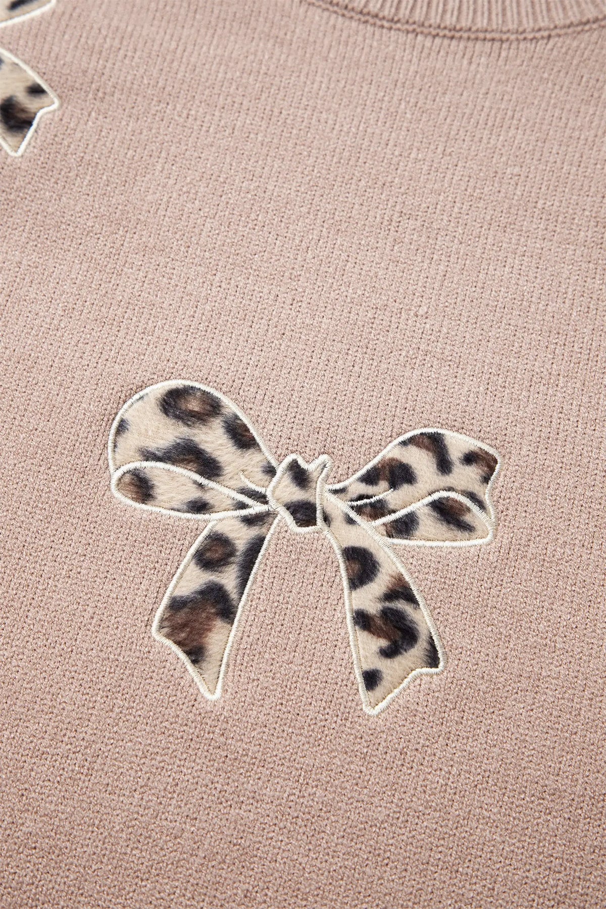 Dark Khaki Leopard Bow Embroidery Drop Shoulder Tunic Plus Size Sweater