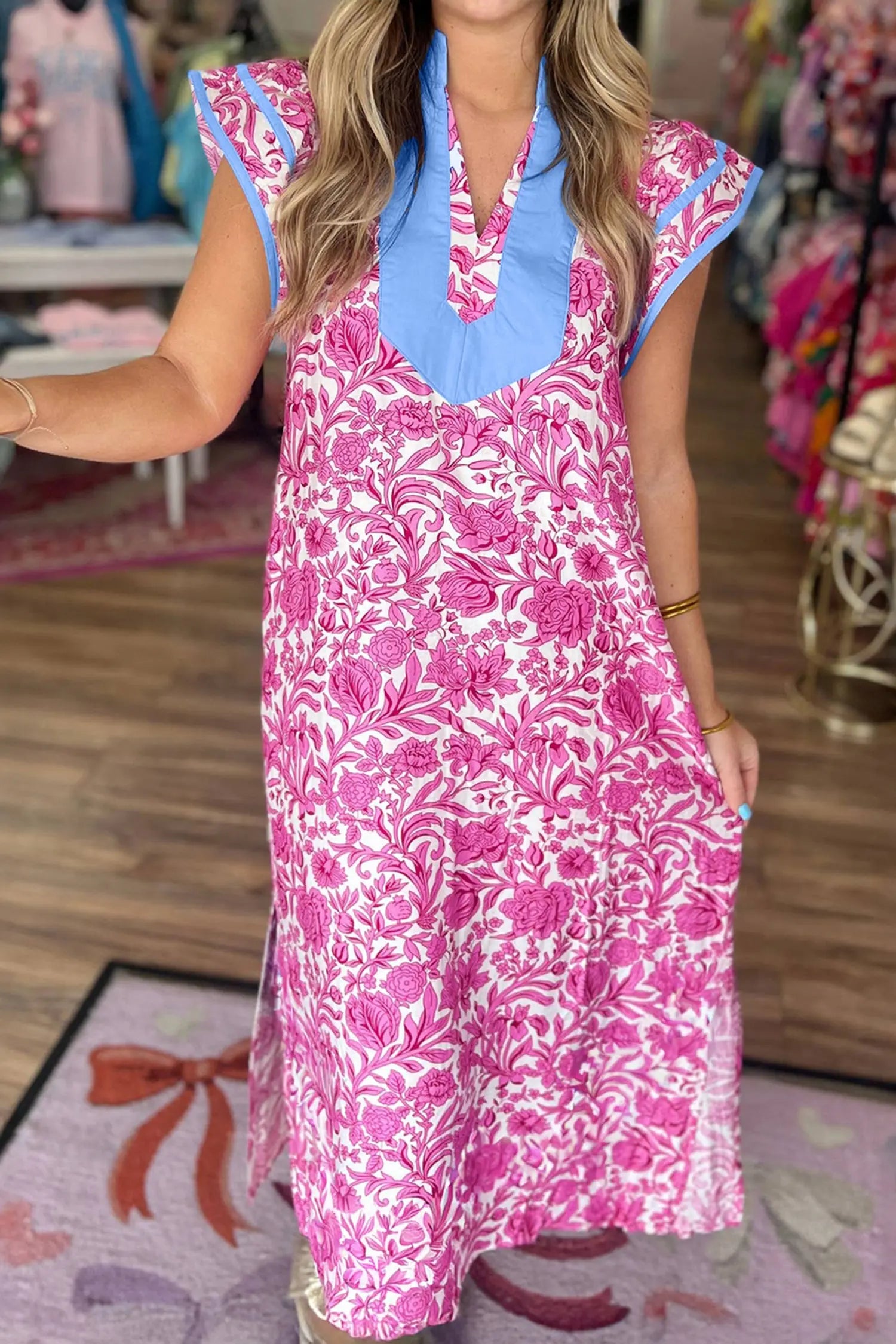 Pink Floral Print Color Block Patchwork V Neck Short Sleeve Midi Dress Nataliz