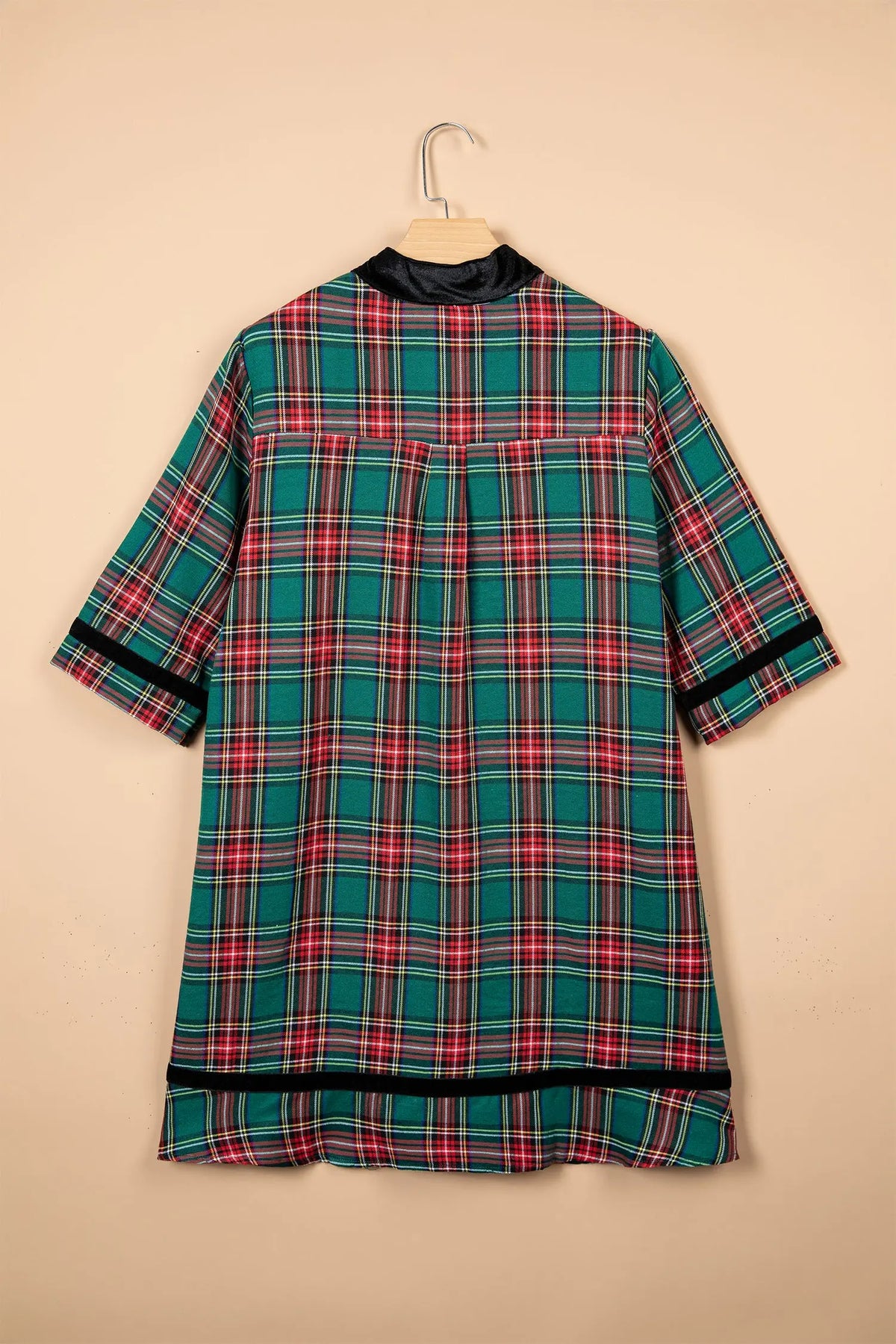 Green Plaid Velvet Trim Pockets Short Shift Dress