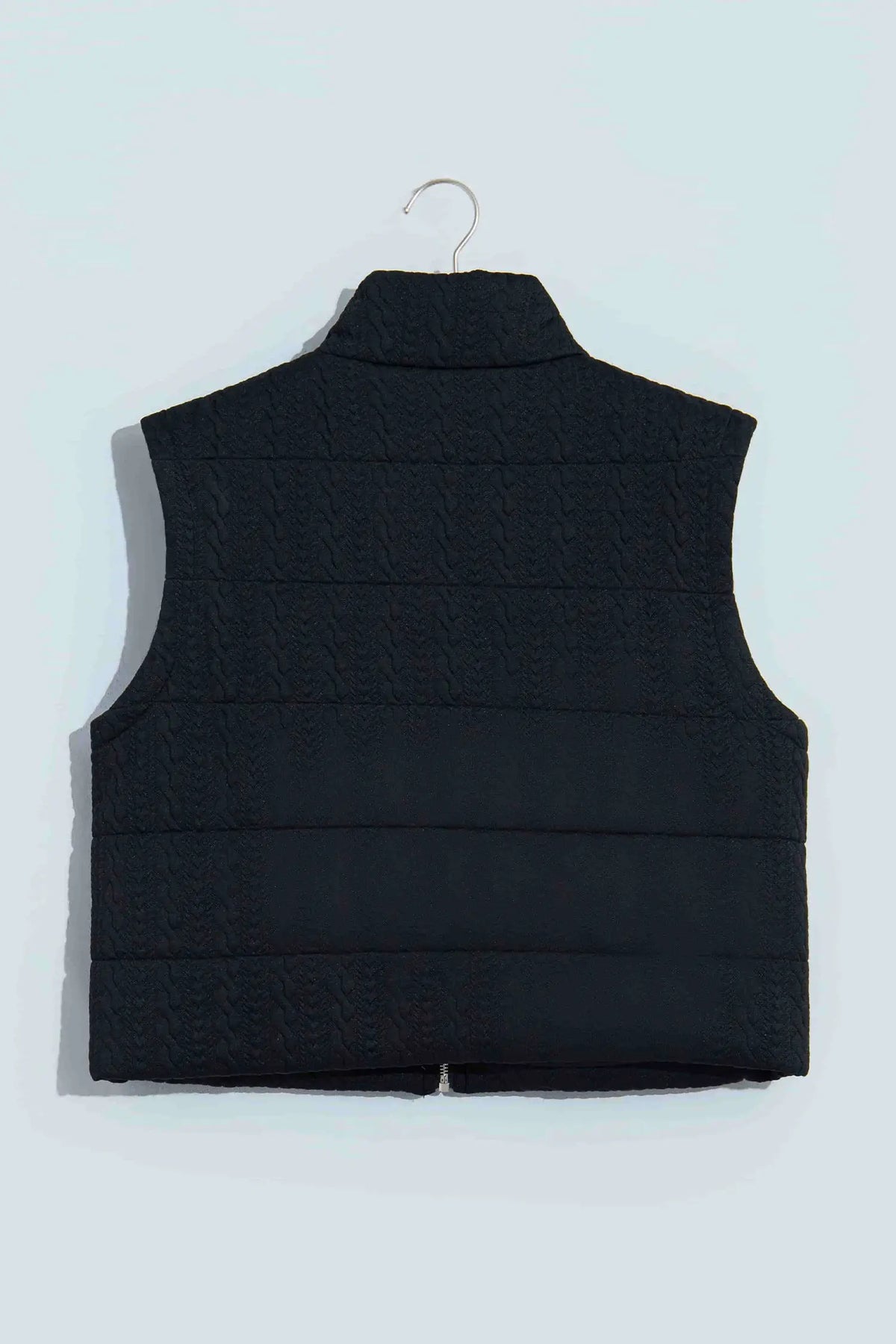 Black Textured Quilted Stand Neck Zipper Winter Vest