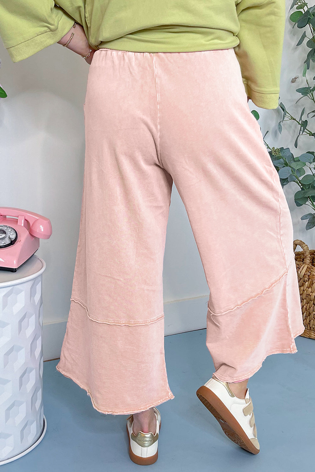 Buckskin Flower Patch Mineral Washed Terry Knit Cropped Wide Leg Pants